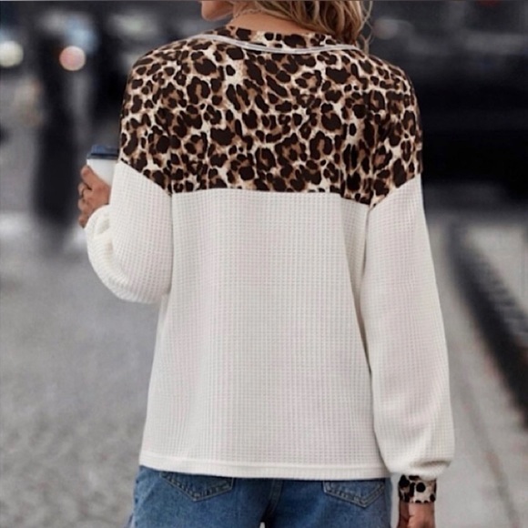 Leopard Print V-Neck Long Sleeve Button Front Waffle Knit Top - Picture 6 of 6